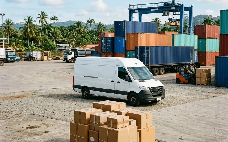Parcels, delivery van and containers at a tropical freight yard