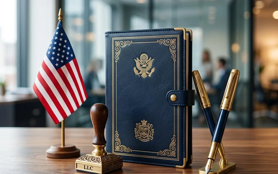 Company formation folder, document stamp and US flag