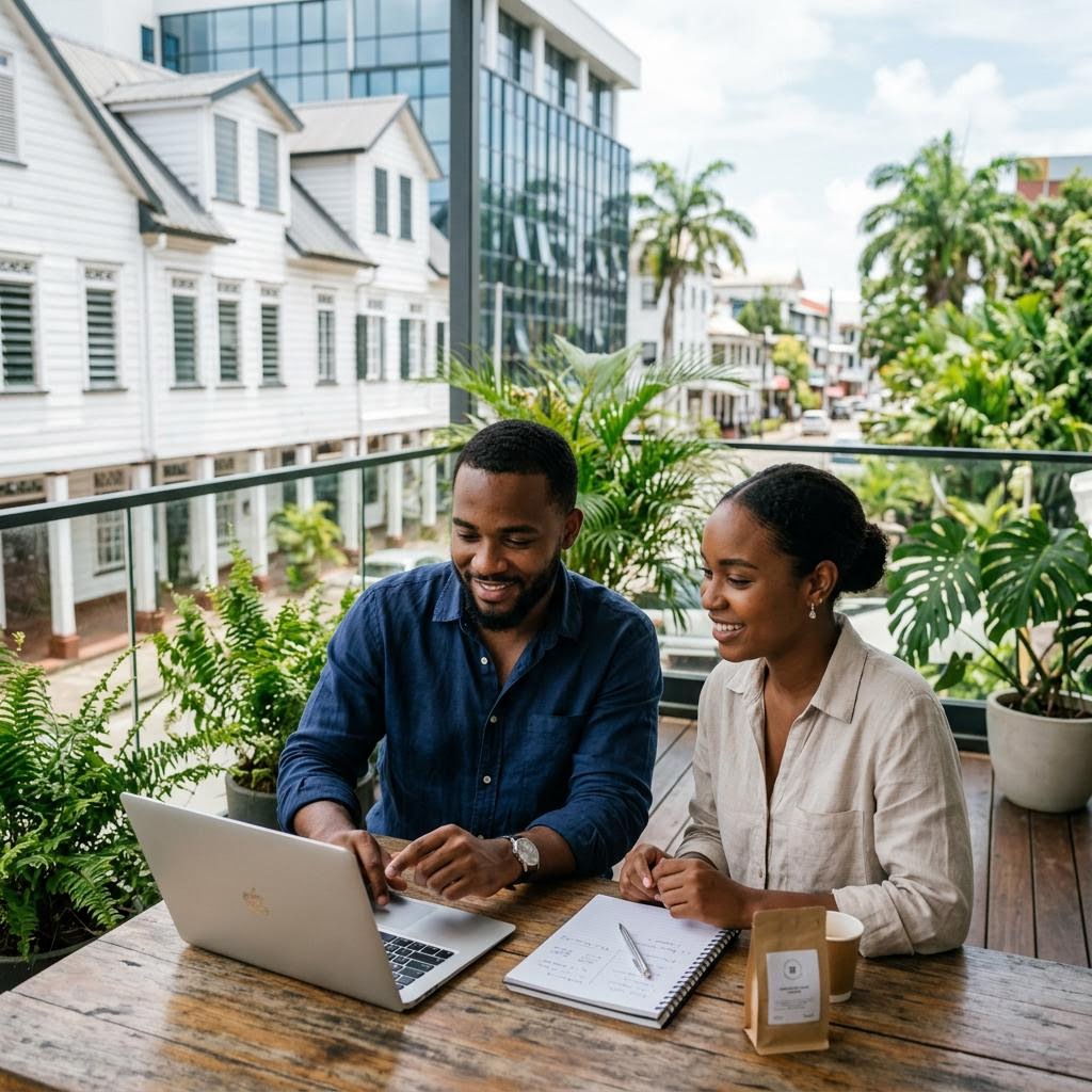 Entrepreneurs collaborating in a Suriname workspace